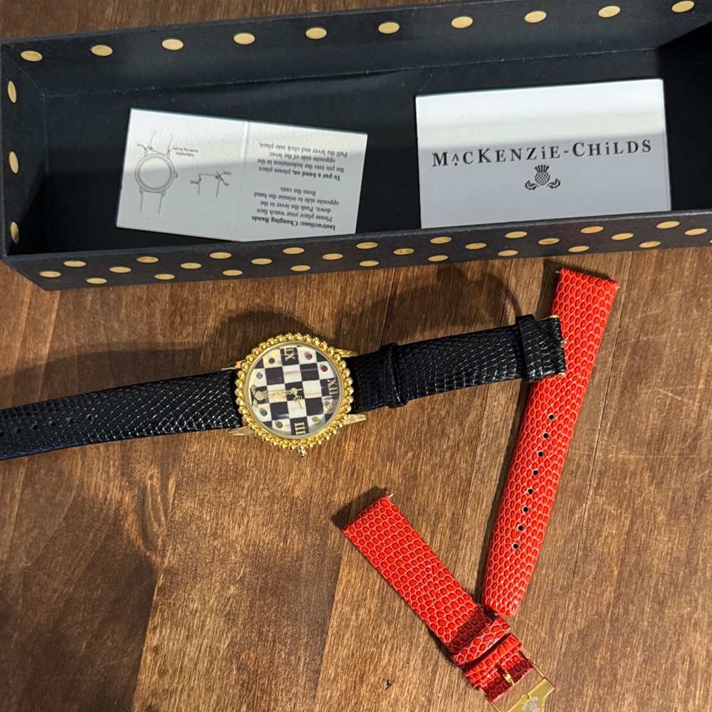 MacKenzie-Childs Checkered Black and Gold Watch with black strap and replacement
